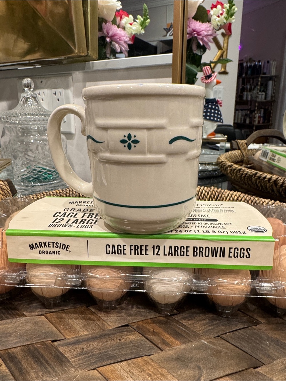 Longaberger Cream Ceramic Mug with Blue  Accent